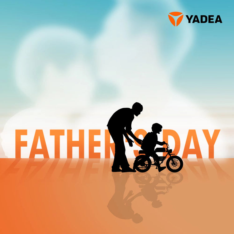A father supporting his son on a bicycle for Father's Day